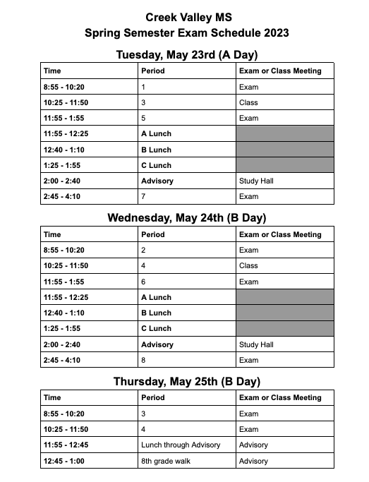  Spring Final Exam Schedule